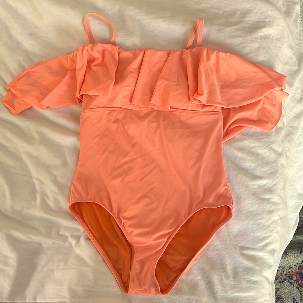 Athena coral off the shoulders ruffle one piece swim suite